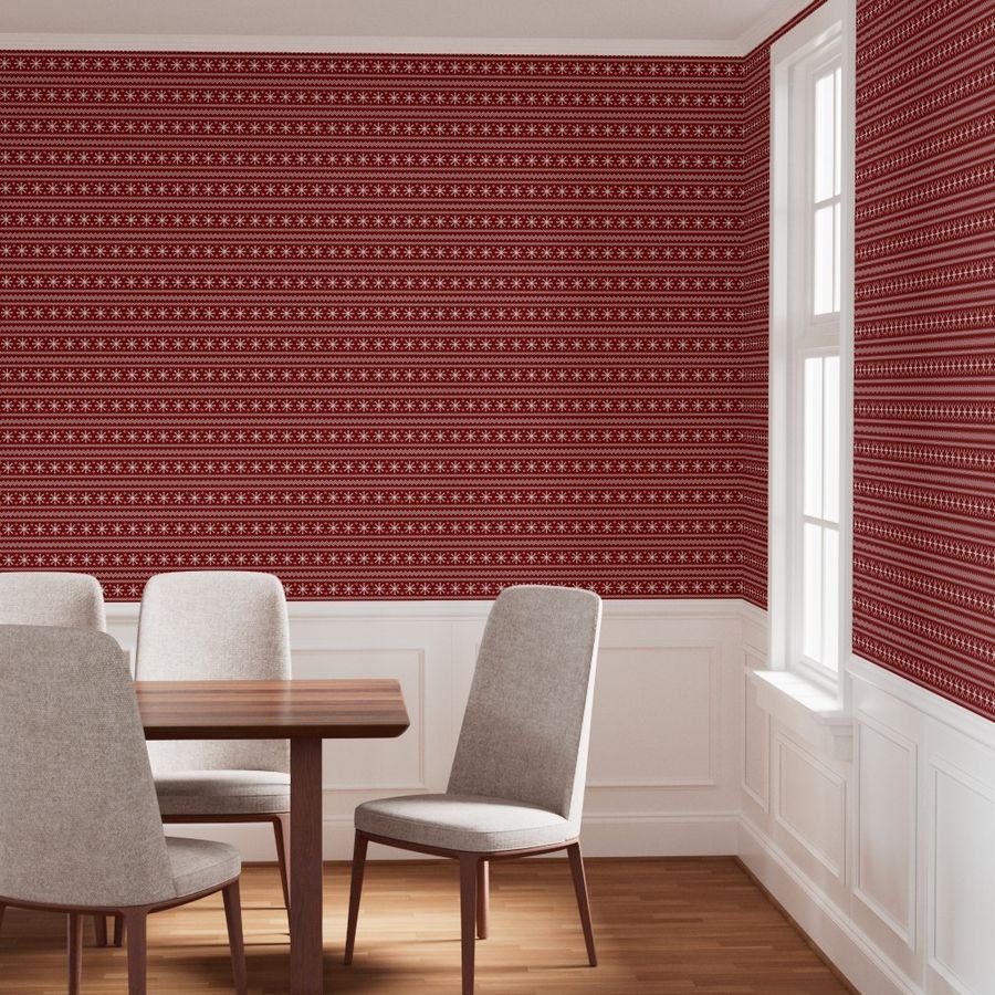 Large Dark Christmas Candy Apple Red Snowflake Stripes in White Wallpaper ice crystals wallpaper