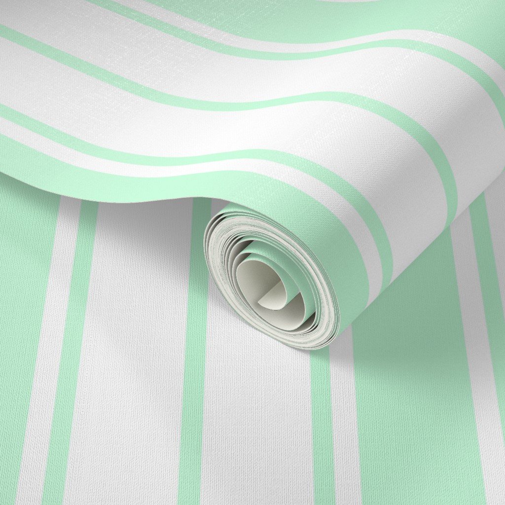 Mint Foam and White Vertical French Stripe Wallpaper wide jumbo stripe wallpaper