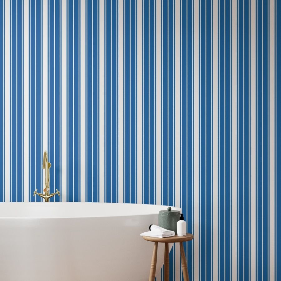 Biscayne Bay Blue and White Vertical French Stripe Wallpaper wide stripe wallpaper