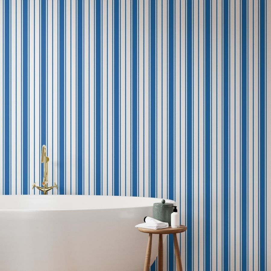 Biscayne Bay Blue and White Vertical French Stripe Wallpaper wide stripe wallpaper
