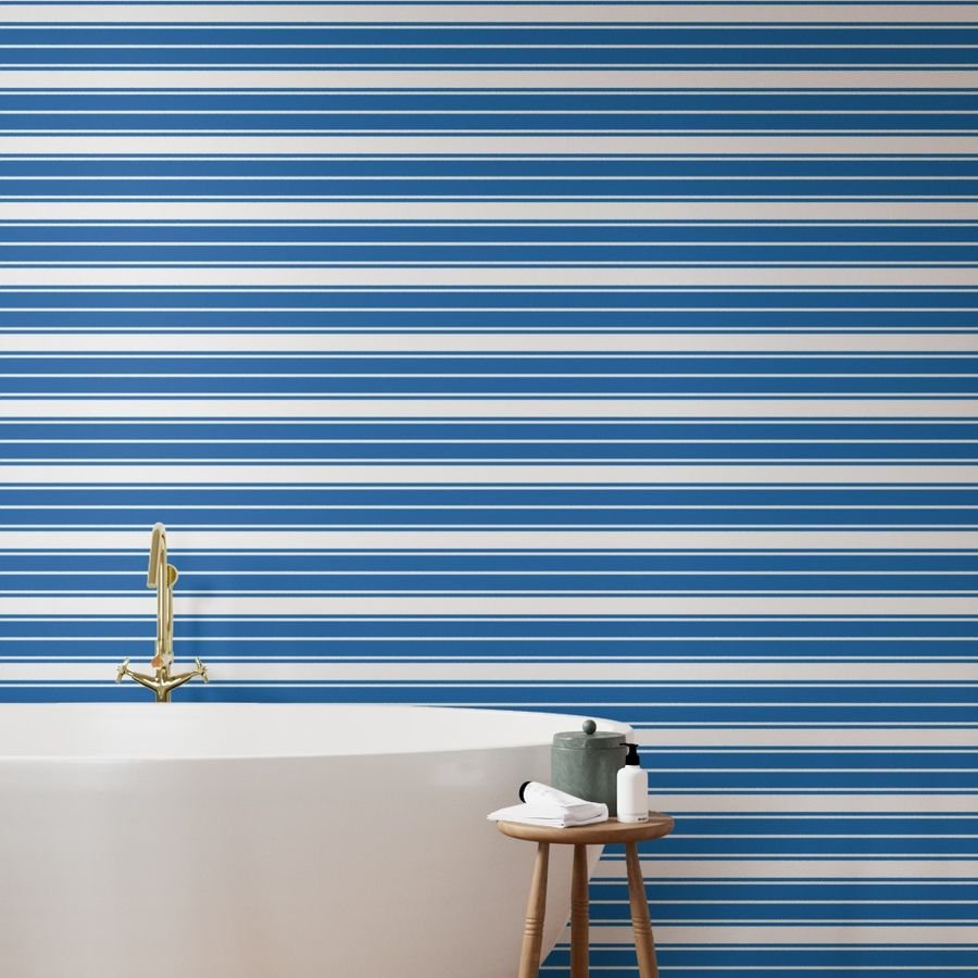 Biscayne Bay Blue and White Horizontal French Stripe Wallpaper wide stripe wallpaper