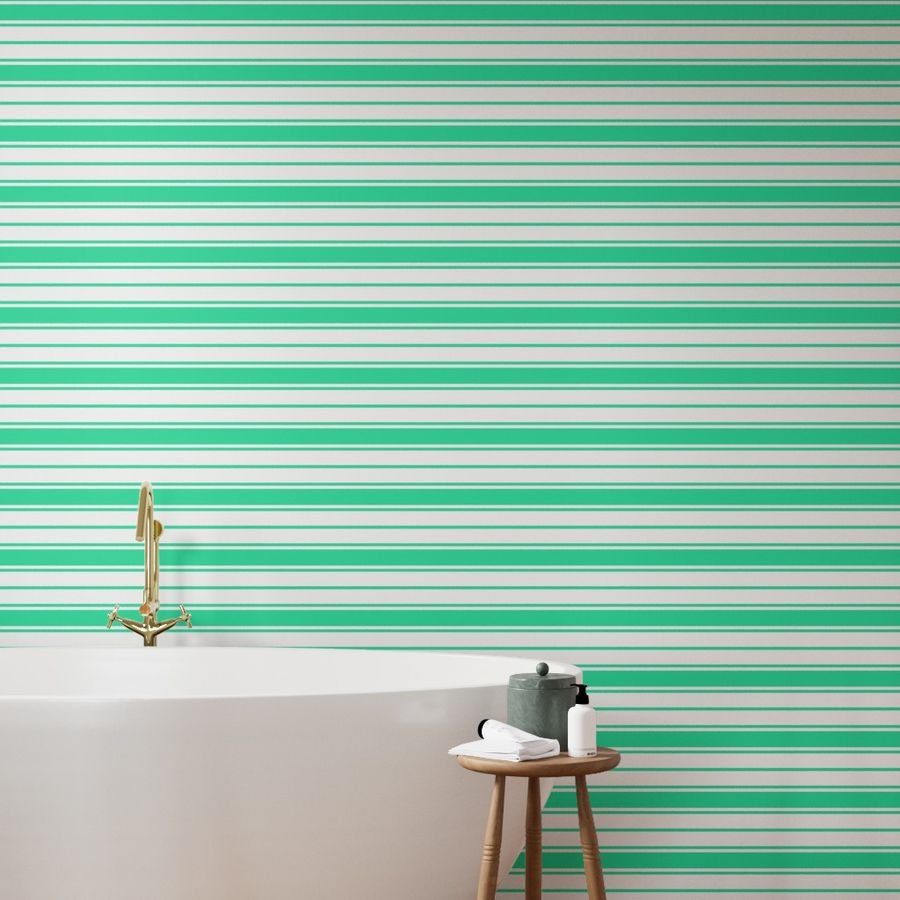 Sea Mint Green and White Horizontal French Stripe Wallpaper wide jumbo stripe wallpaper