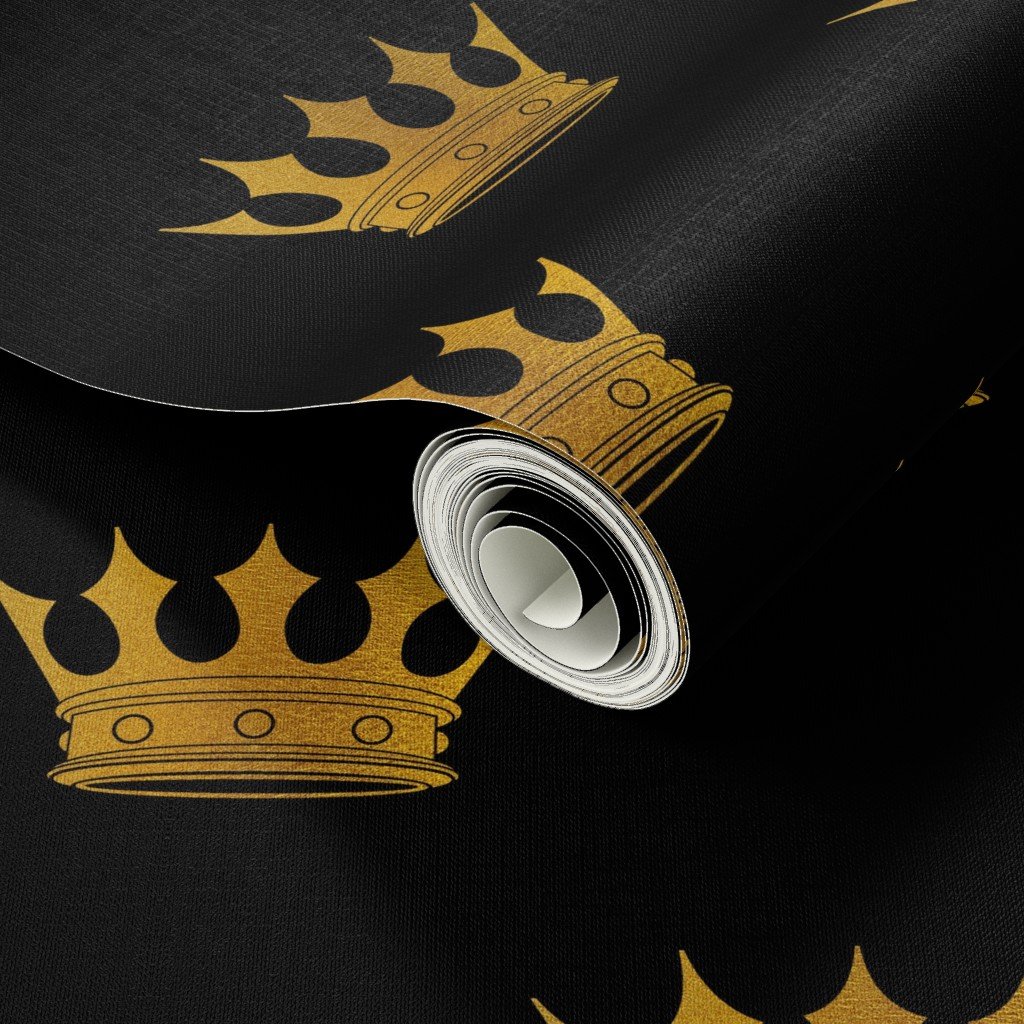 Midnight Black Faux Metallic Gold Crowns Wallpaper royal crown wallpaper