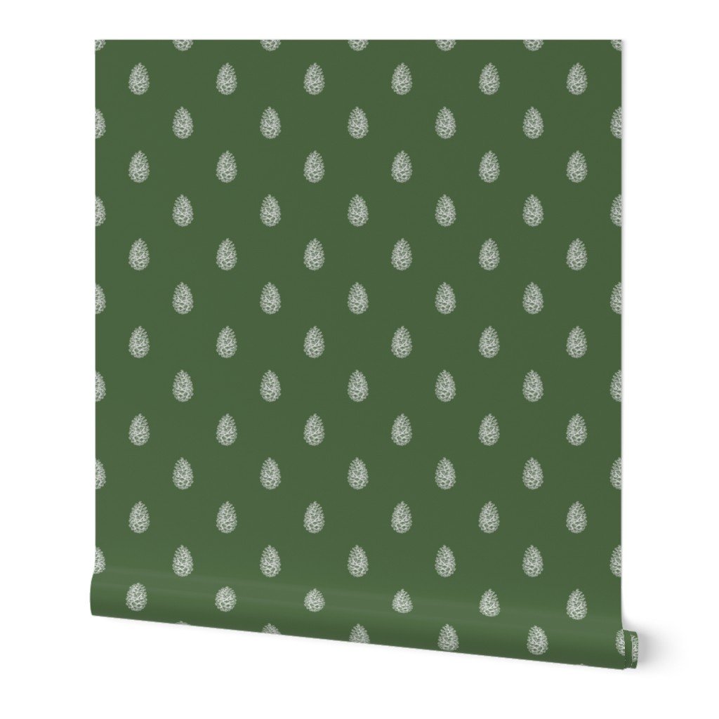 Christmas Pine Cone in Bright White on Fir Tree Green Wallpaper pine cone wallpaper