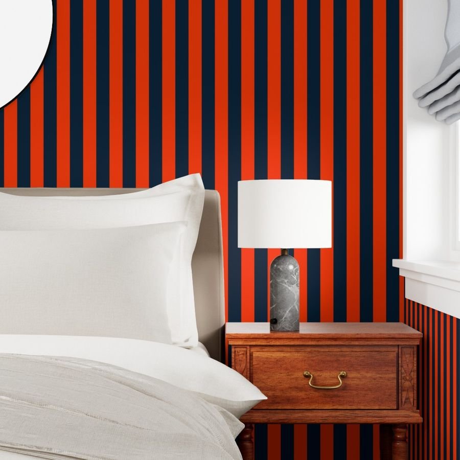 2 Inch Vertical Navy and Orange Cabana Stripes Wallpaper blue stripe wallpaper