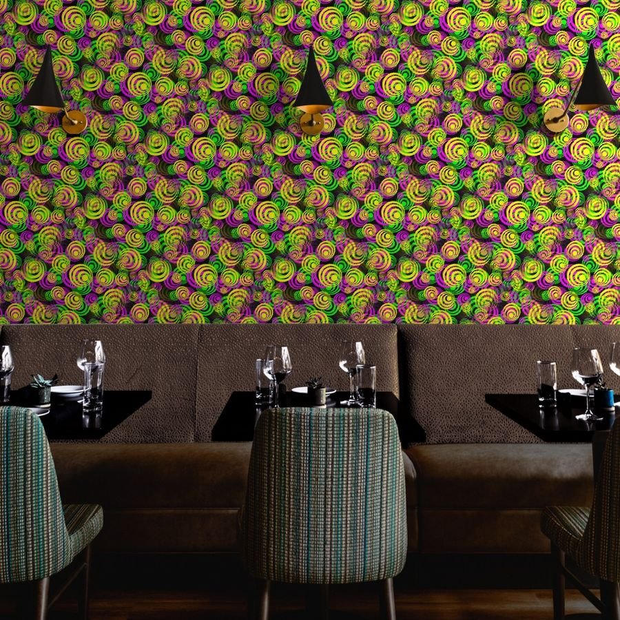 Bright Yellow Pink and Green 70s Hippy Circles Wallpaper pink green circles wallpaper