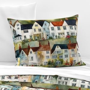 English Village Houses in Watercolor Home Styling Collection Home Decor Collection english town pillow sham design