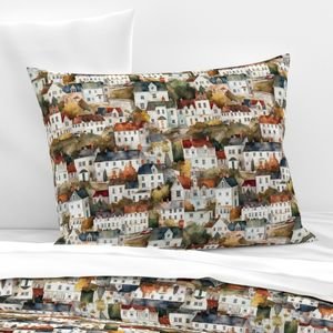 Small English Town Houses in Watercolor Decor Collection Home Styling Collection quaint houses pillow sham design