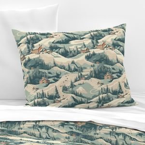 Small Vintage Ski Slope Cabins in Woods Blue Interior Collection Home Styling Collection vintage landscape pillow sham design
