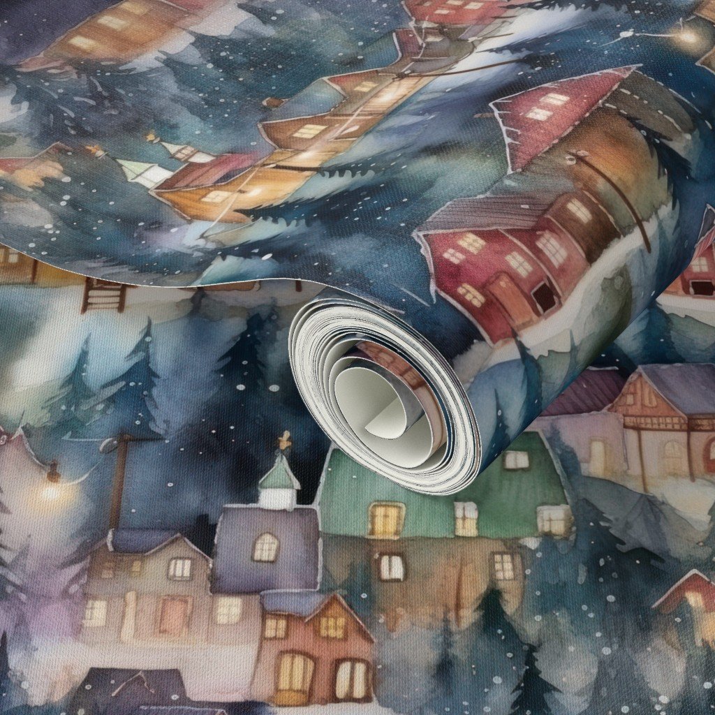 Montana Christmas at Midnight Street Watercolor Wallpaper city lights wallpaper
