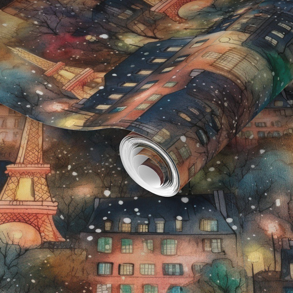 Paris City Christmas Street Watercolor in Multi Wallpaper houses and trees wallpaper