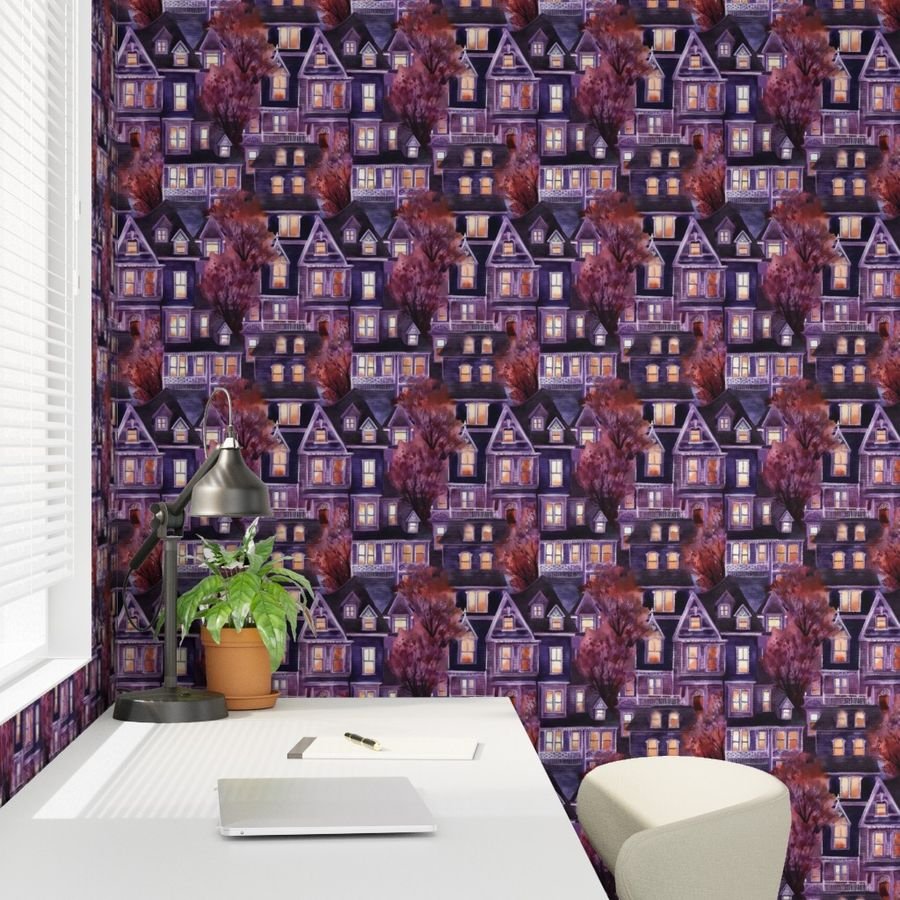 Bright Purple Haunted New England Village Watercolor Wallpaper new england wallpaper