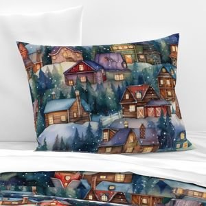 Large Christmas Rustic Country Winter Cabins Watercolor Decor Collection Design Collection snowy christmas pillow sham design