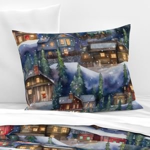 Large Christmas Christmas Rustic Village Winter Cabins Watercolor Home Decor Collection Home Styling Collection snowy christmas pillow sham design