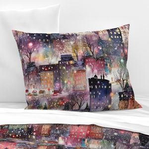 Large New York City Christmas Street Watercolor Home Styling Collection Home Styling Collection houses and trees pillow sham design