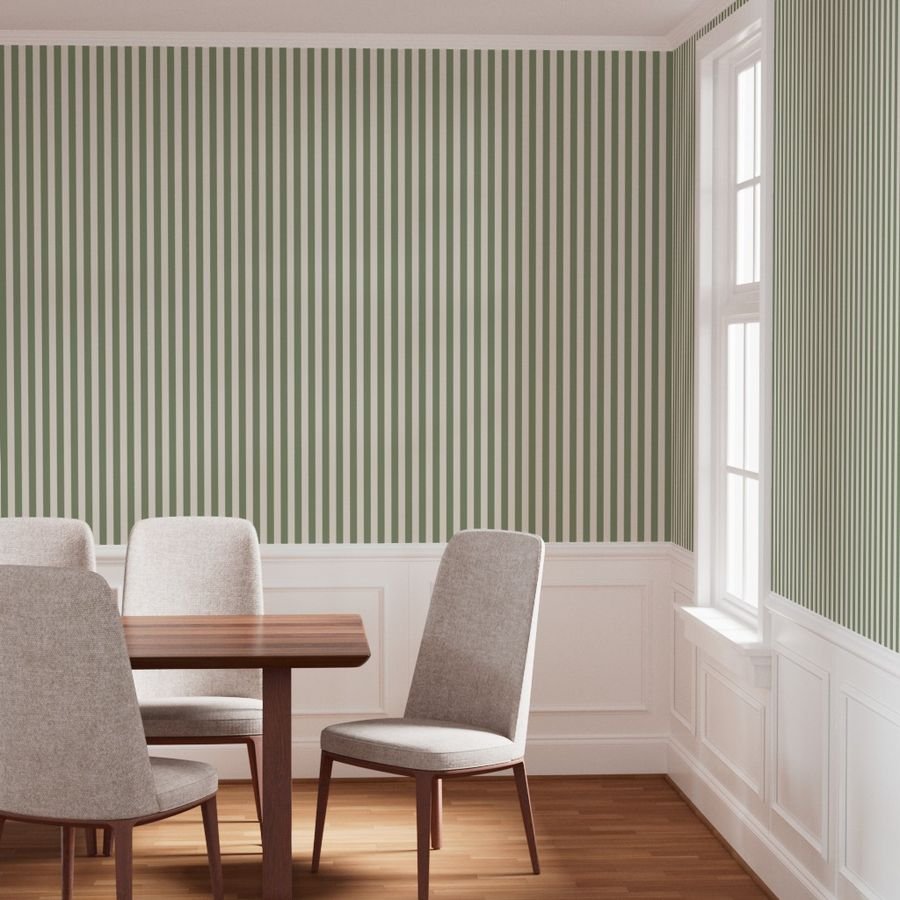 Classic Ivory and Sage Green One Inch Broad Stripe Pattern Wallpaper stripe pattern wallpaper