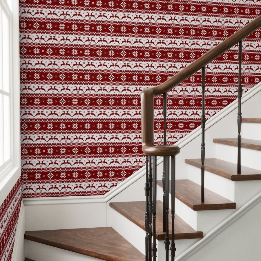 Large Dark Christmas Candy Apple Red Nordic Reindeer Stripe Wallpaper nordic knit wallpaper