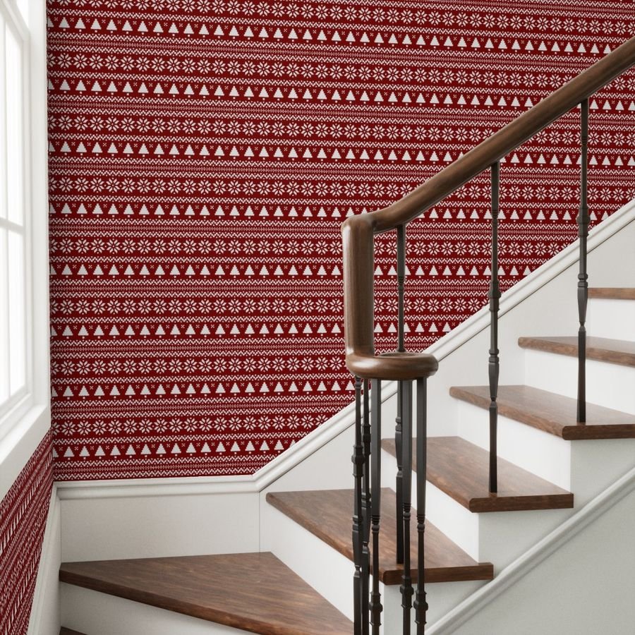 Large Dark Christmas Candy Apple Red Nordic Trees Stripe in White Wallpaper christmas stripe wallpaper
