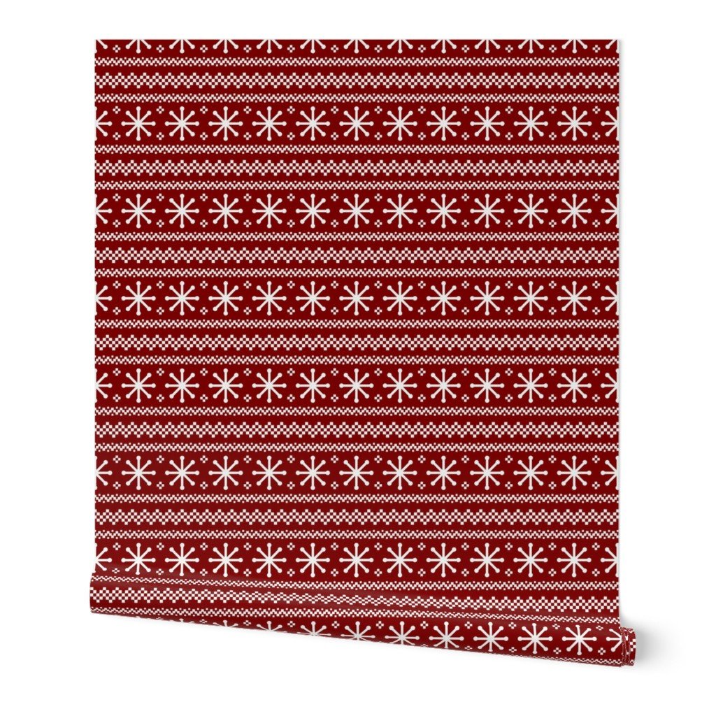 Large Dark Christmas Candy Apple Red Snowflake Stripes in White Wallpaper nordic stripe wallpaper