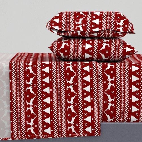 Large Dark Christmas Candy Apple Red Nordic Reindeer Stripe in White Home Decor Collection Interior Collection white reindeer sheet set design