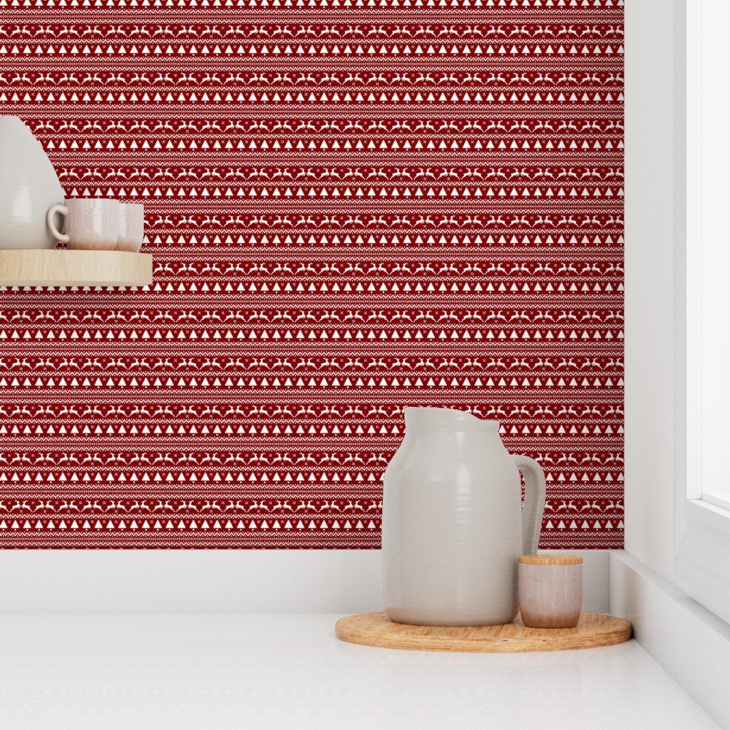 Dark Christmas Candy Apple Red Nordic Reindeer Stripe in White Wallpaper white reindeer wallpaper