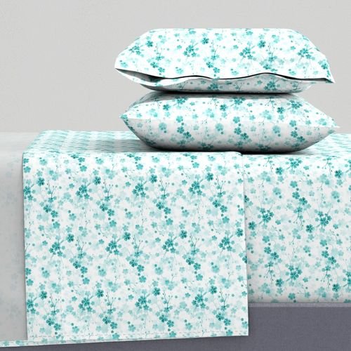 Bright Aqua Blue Pastel Watercolor Cherry Blossom Flowers and Vines Home Styling Collection Interior Collection flowers vines sheet set design