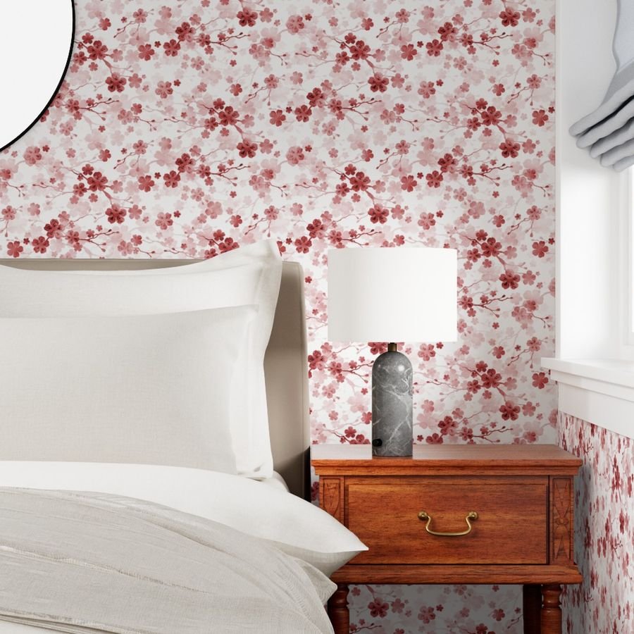 Bright Red Pastel Watercolor Cherry Blossom Flowers and Vines Wallpaper bright pastels wallpaper