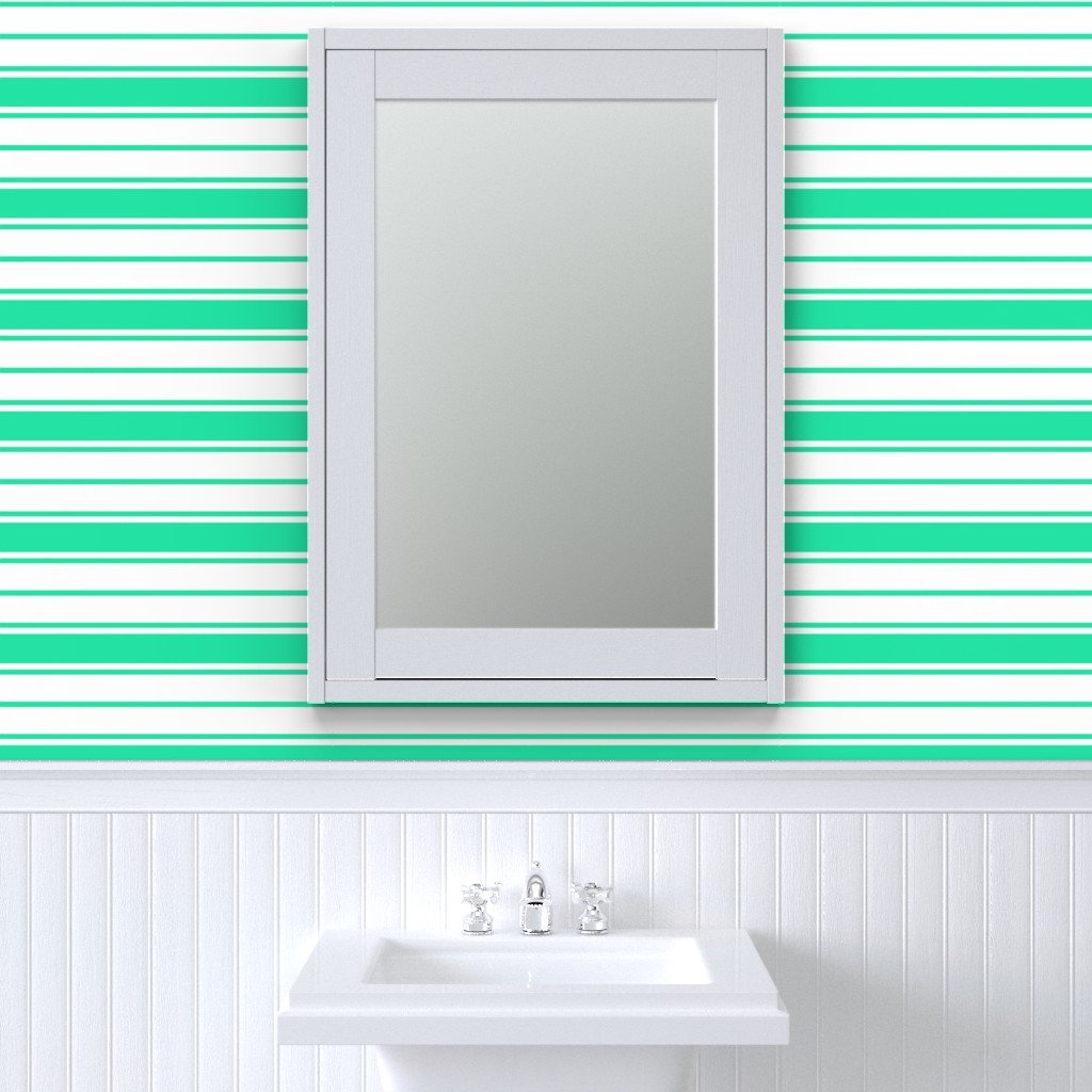 Sea Mint Green and White Horizontal French Stripe Wallpaper wide stripe wallpaper