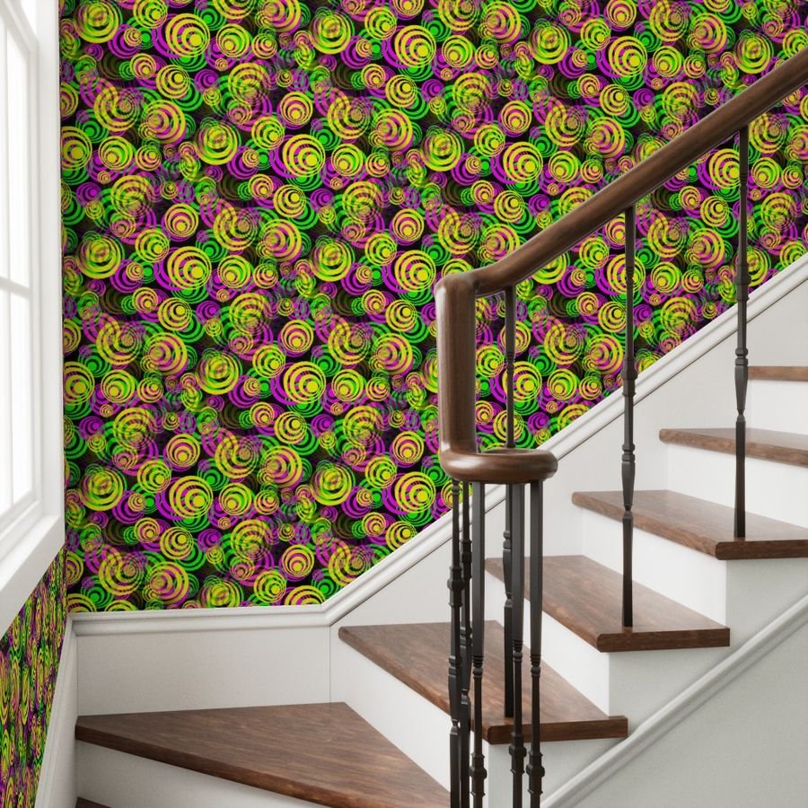 Bright Yellow Pink and Green 70s Hippy Circles Wallpaper swirling circles wallpaper