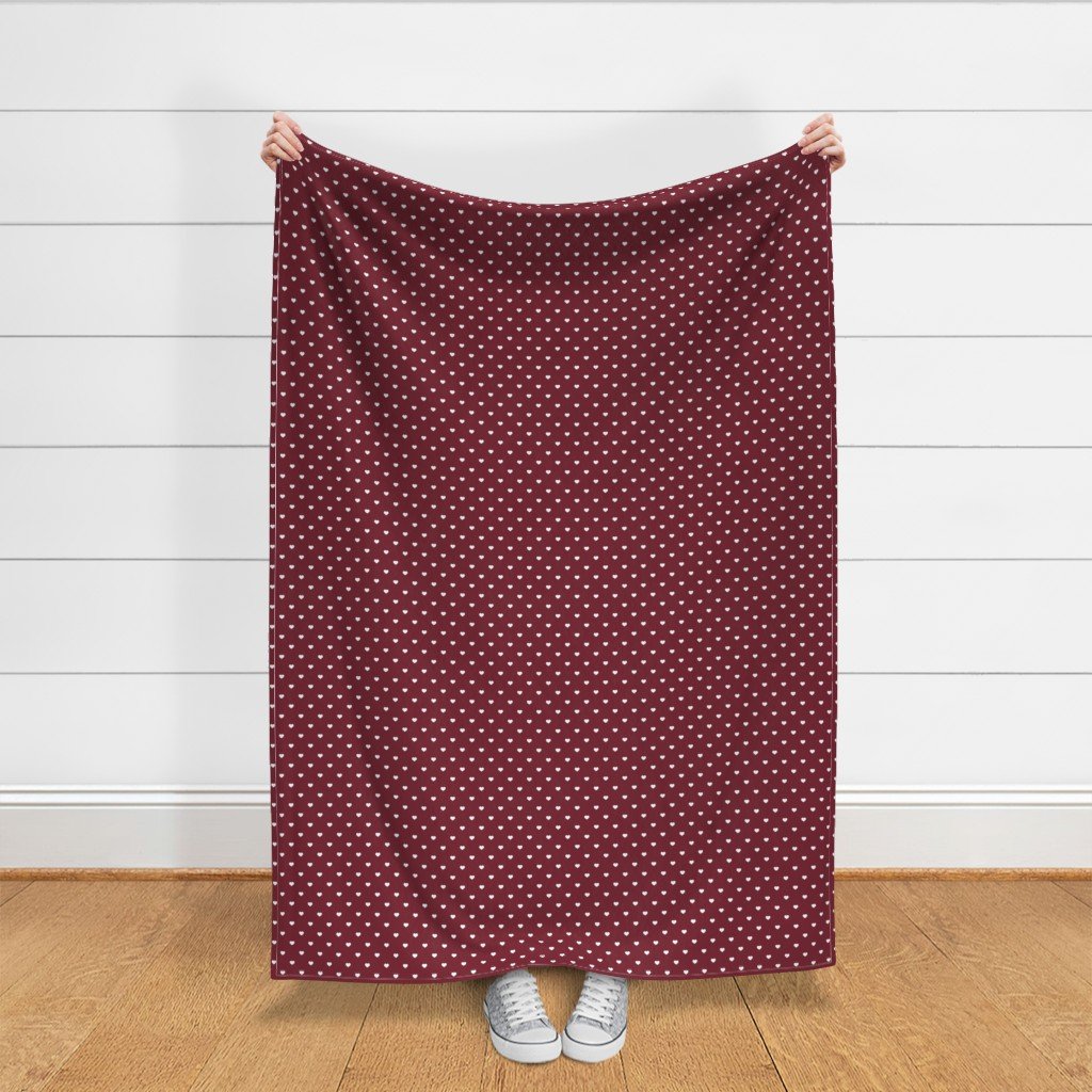 Mini White Valentines Polkadot Love Hearts on Wine Background Fabric wine and white fabric
