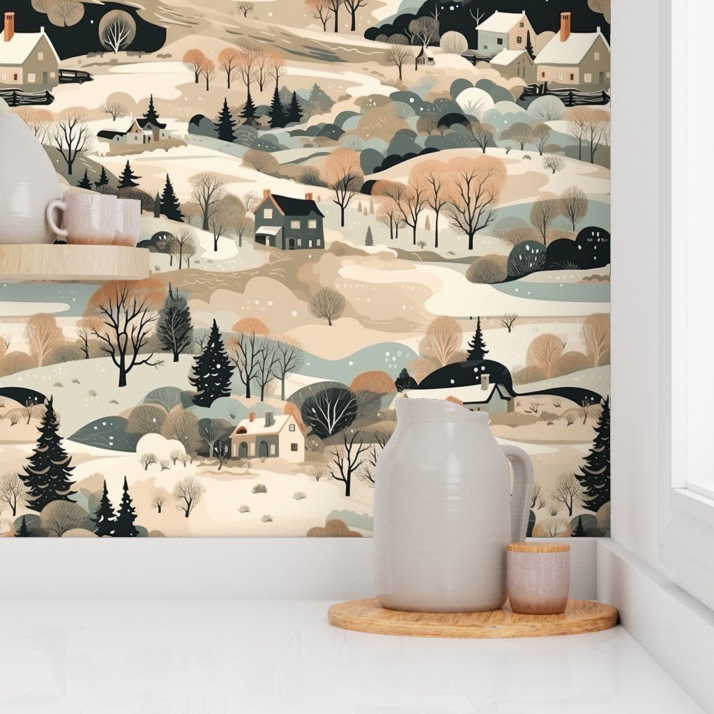 Vintage New England Village Winter Wallpaper winter print wallpaper