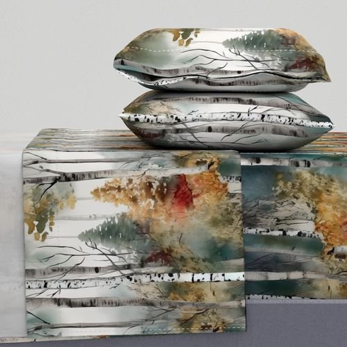 Endless Birch Tree Dreamscape Trees in Misty Forest Watercolor Home Decor Collection Home Styling Collection serene atmosphere sheet set design