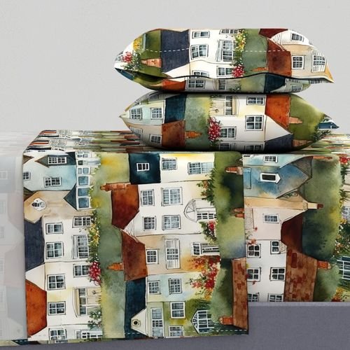 English Village Houses in Watercolor Home Styling Collection Home Decor Collection watercolor houses sheet set design
