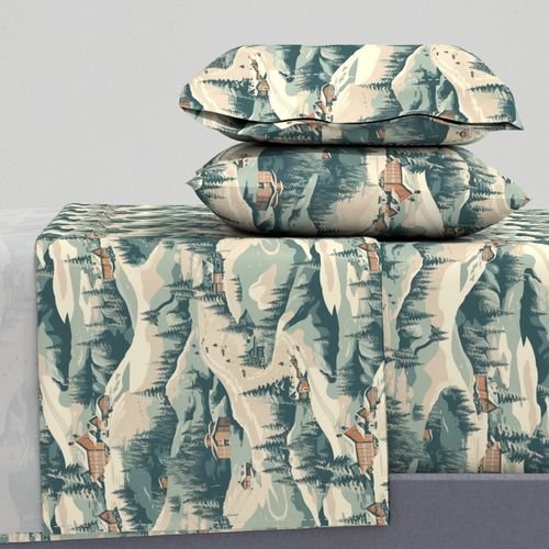 Small Vintage Ski Slope Cabins in Woods Blue Interior Collection Home Styling Collection vintage ski sheet set design