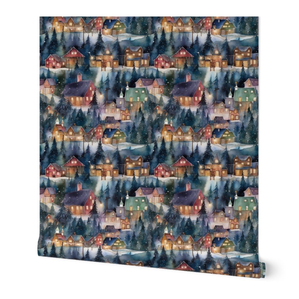 Montana Christmas at Midnight Street Watercolor Wallpaper houses and trees wallpaper
