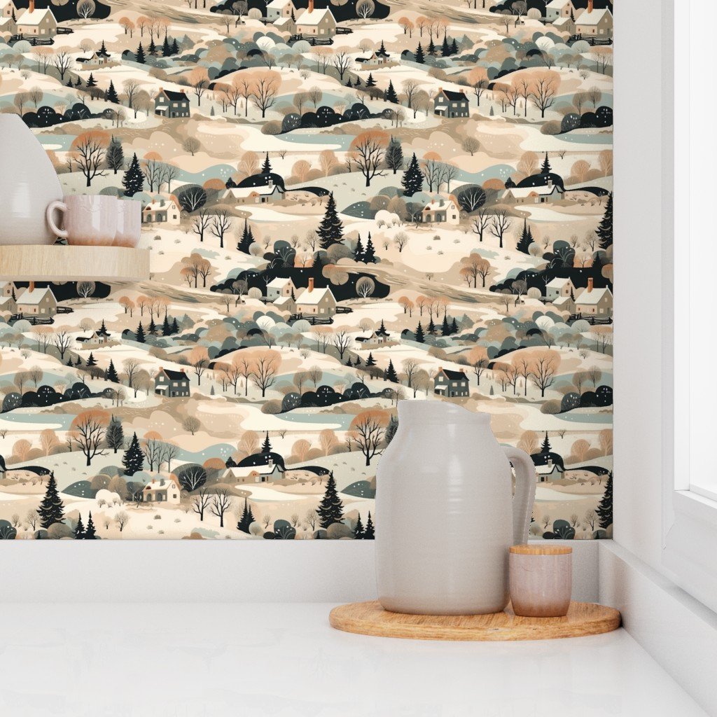 Small Vintage New England Village Winter Wallpaper vintage village wallpaper