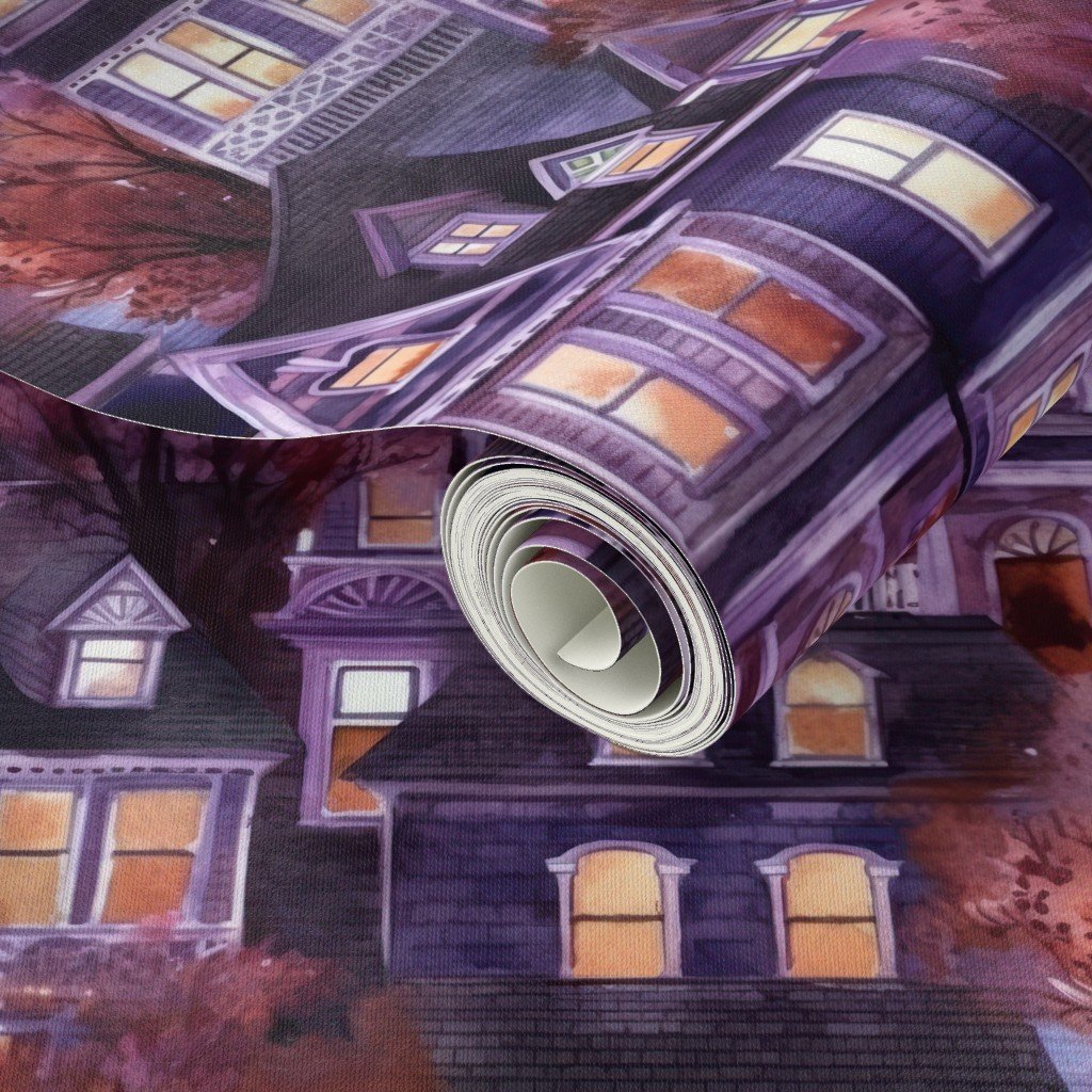 Bright Purple Haunted New England Village Watercolor Wallpaper purple mist wallpaper