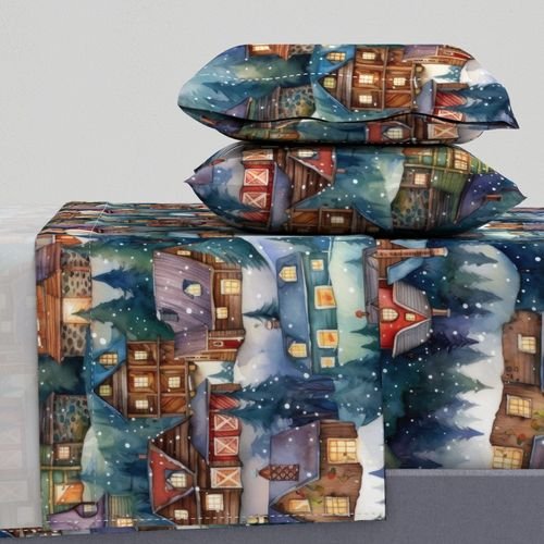 Large Christmas Rustic Country Winter Cabins Watercolor Decor Collection Design Collection village houses sheet set design