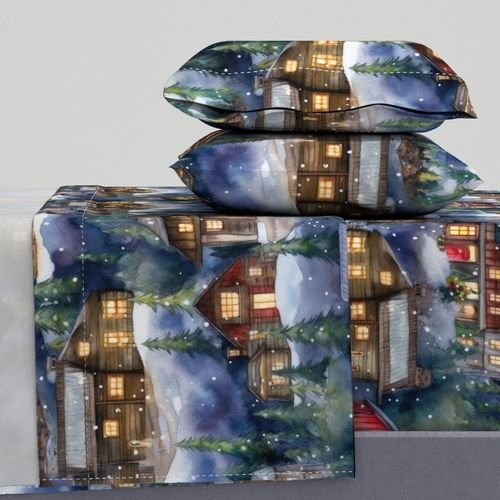 Large Christmas Christmas Rustic Village Winter Cabins Watercolor Home Decor Collection Home Styling Collection village houses sheet set design