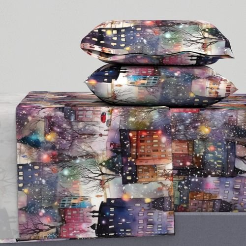 Large New York City Christmas Street Watercolor Home Styling Collection Home Styling Collection new york city sheet set design