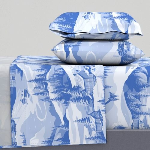 Small Montana Winter Cabins Montana with Evergreens in Mid China Blue Interior Collection Decor Collection winter cabin sheet set design