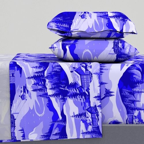 Small Montana Winter Cabins Montana with Evergreens in Royal China Blue Decor Collection Design Collection winter cabin sheet set design