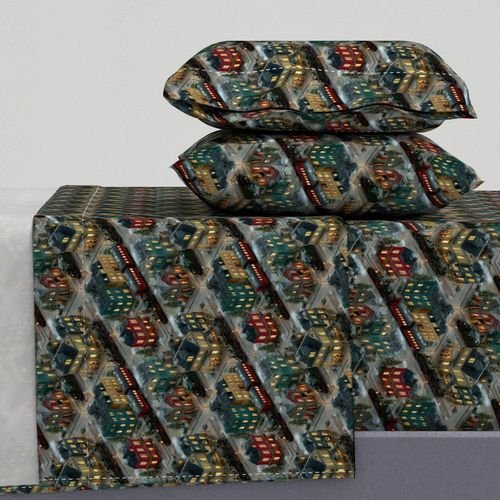 Small Isometric Snowy Christmas Village with Festive Trains and Townhouses Decor Collection Home Decor Collection festive sheet set design