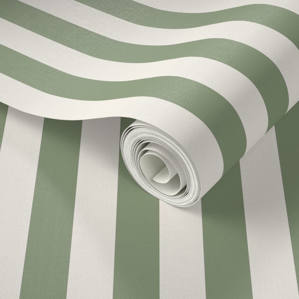 Classic Ivory and Sage Green One Inch Broad Stripe Pattern Wallpaper broad stripe wallpaper