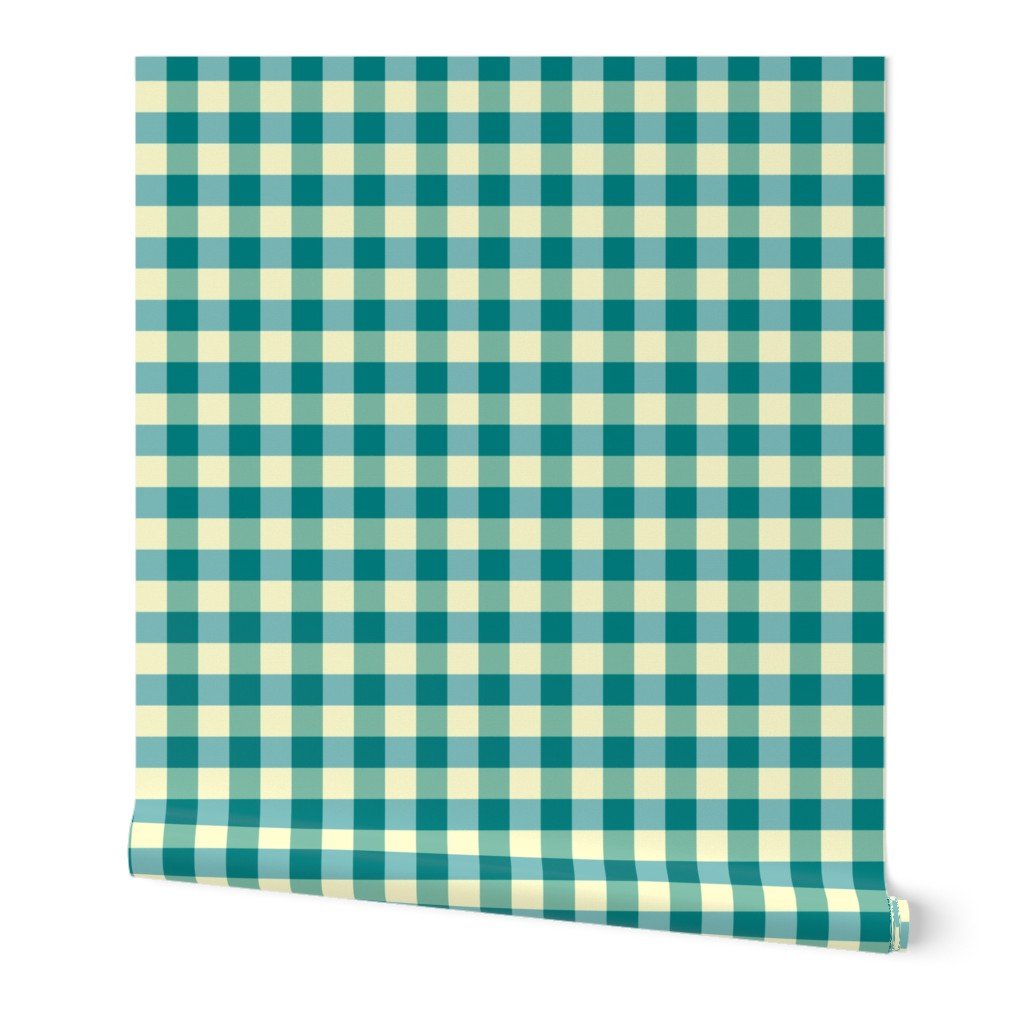 Teal and Cream White 2 Inch Gingham Wallpaper medium scale wallpaper