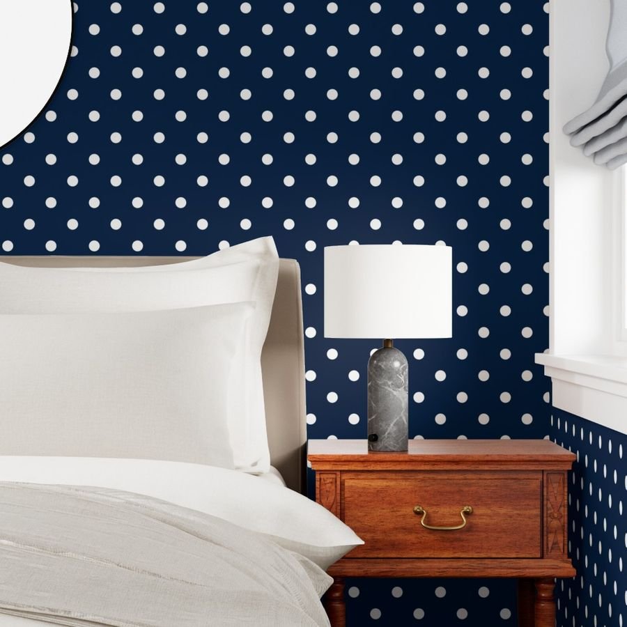 White Polkadots on Sailor Blue Design Collection Home Decor Collection white spots wallpaper