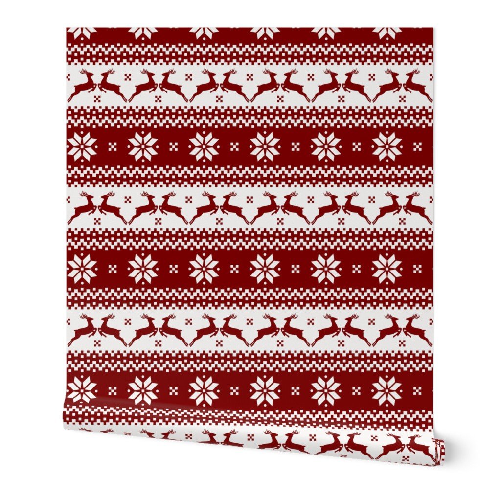 Large Dark Christmas Candy Apple Red Nordic Reindeer Stripe Wallpaper nordic pattern wallpaper