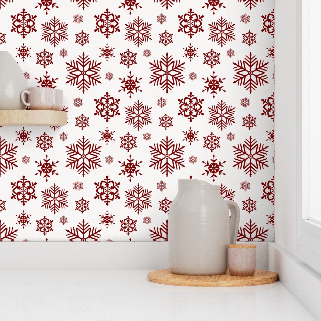 Large Dark Christmas Candy Apple Red Snowflakes on White Wallpaper candy red wallpaper
