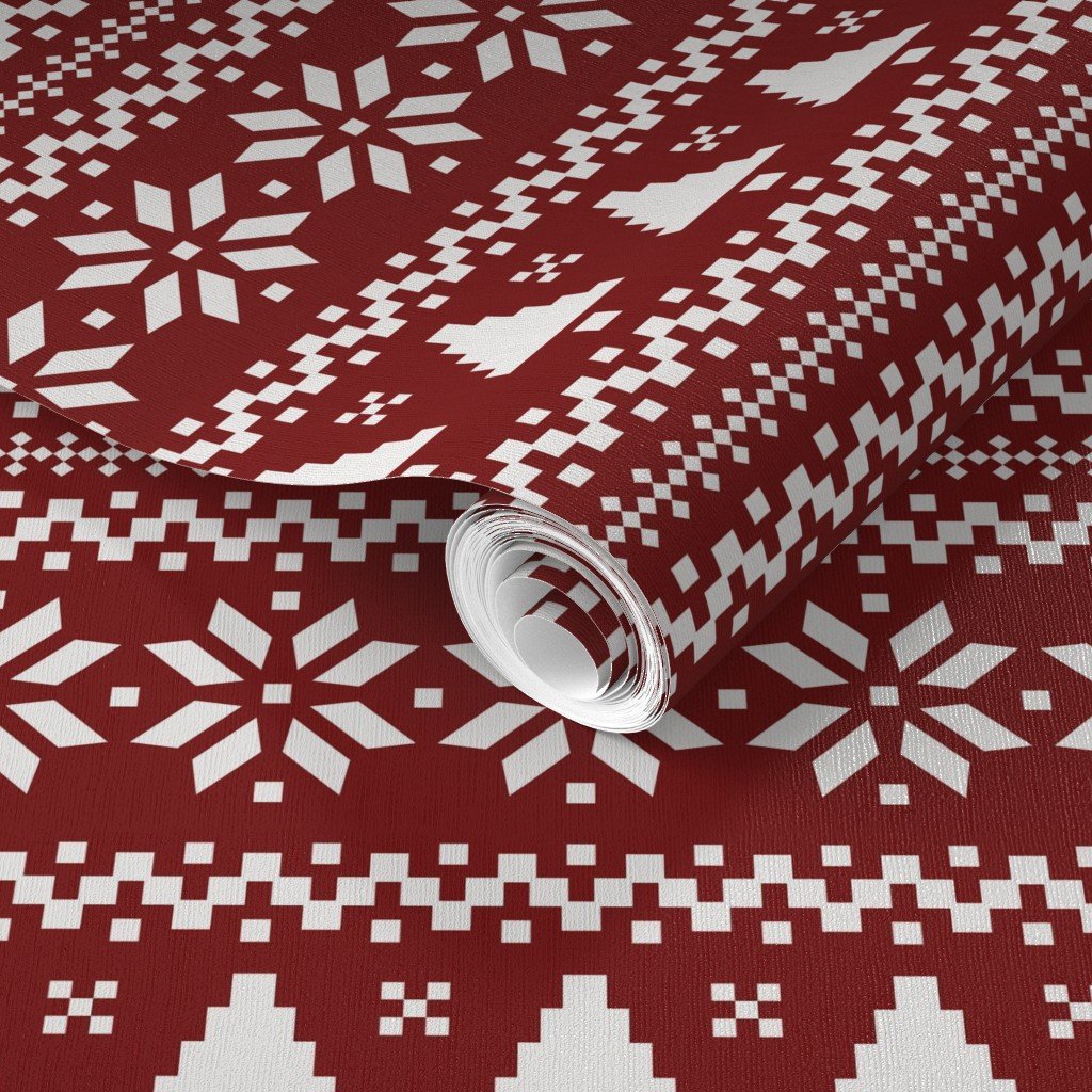 Large Dark Christmas Candy Apple Red Nordic Trees Stripe in White Wallpaper christmas trees wallpaper