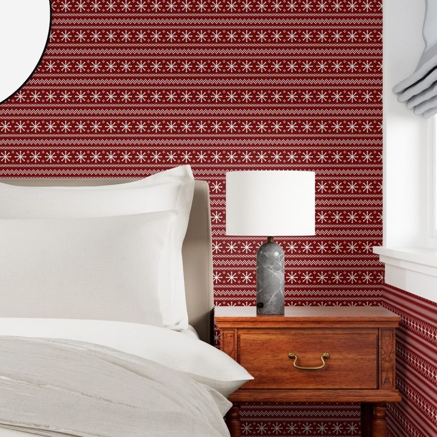 Large Dark Christmas Candy Apple Red Snowflake Stripes in White Wallpaper red crystals wallpaper